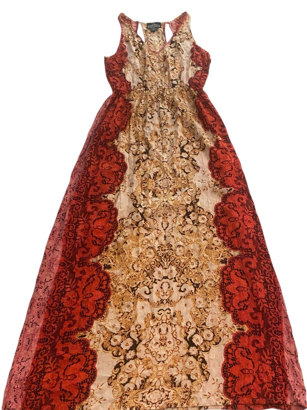 Angie Women’s Red Gold Summer Sleeveless Bohemian Printed Maxi Dress small